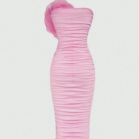 Pink Casual Women's Solid Color Pleated And 3D Flower Decorated Strapless Dress - Picture 2 of 6